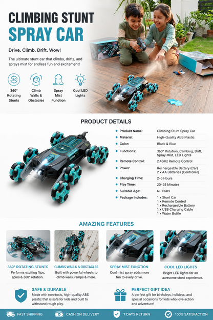 Climbing Stunt Spray Car – 360° Rotating Remote Control Wall-Climbing Car with LED Lights