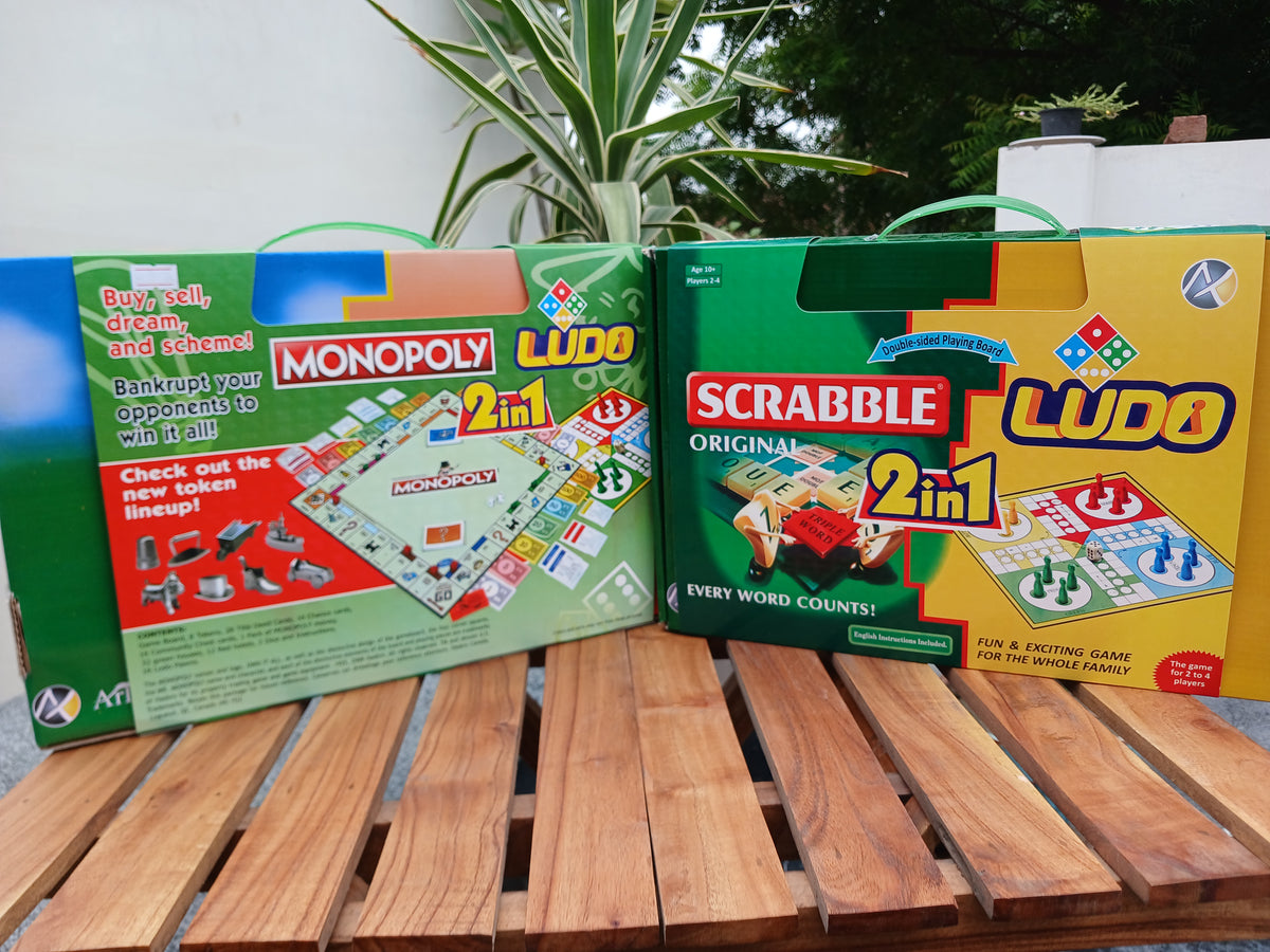2-in-1 Monopoly and Ludo Classic Family Board Game Set///Premium 2-in-1 Scrabble Original and Ludo Vocabulary & Strategy Board Game