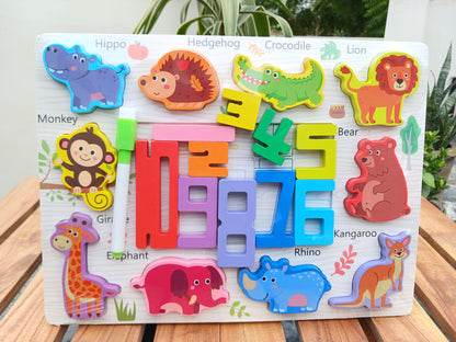 Wooden Animals & Numbers Puzzle Board 2 in 1