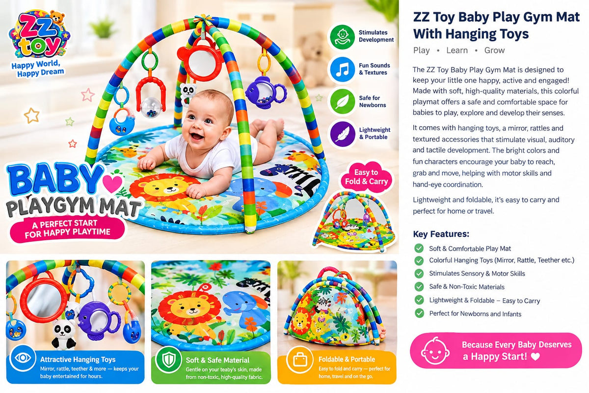 Baby Play Gym Mat with Hanging Toys – Foldable Sensory Activity Mat