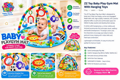 Baby Play Gym Mat with Hanging Toys – Foldable Sensory Activity Mat
