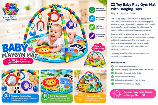 Baby Play Gym Mat with Hanging Toys – Foldable Sensory Activity Mat